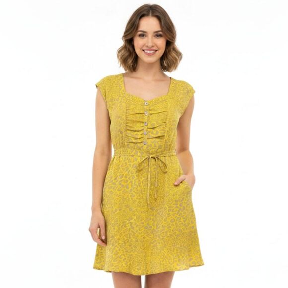 Jessica Simpson Vibrant Yellow Leopard Mini Dress w/Pockets & Tie Waist Size XS - Picture 1 of 9